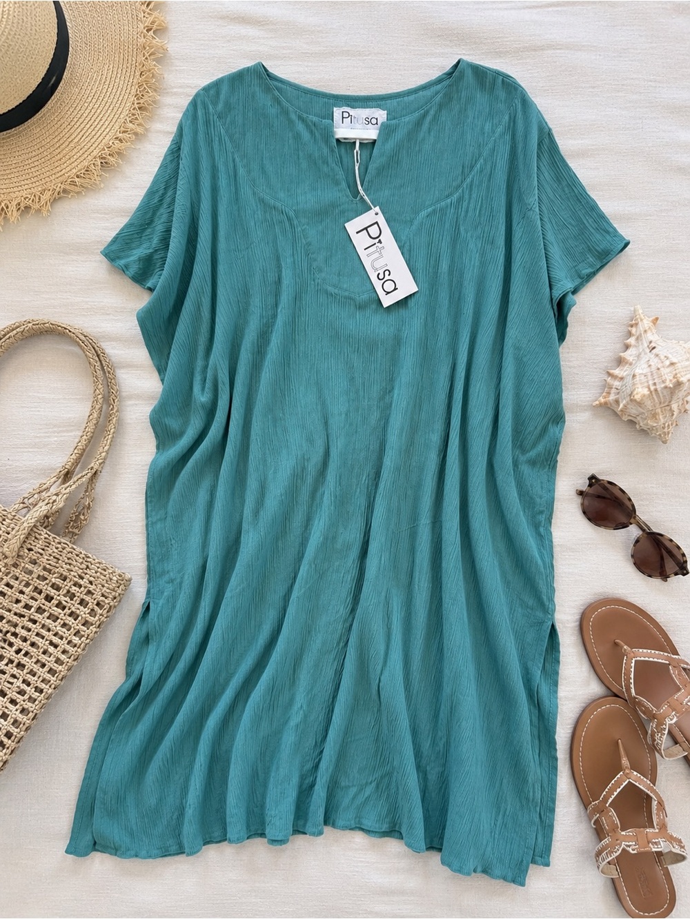 PITUSA Aqua Cotton Caftan Cover Up Dress NWT Beach Resort Boho